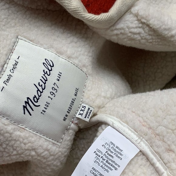 Madewell XXS Collarless Faux Shearling Lined Cocoon Coat Jacket Wool Red Cream - Picture 7 of 8